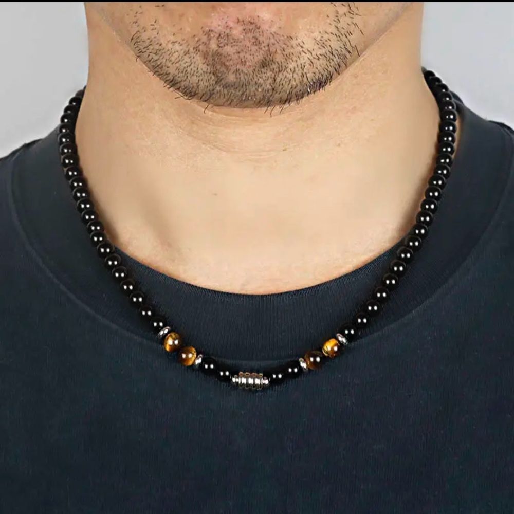 Natural Tiger Eye Stone Beaded Men’s Necklace Mens Jewelry 17.5”